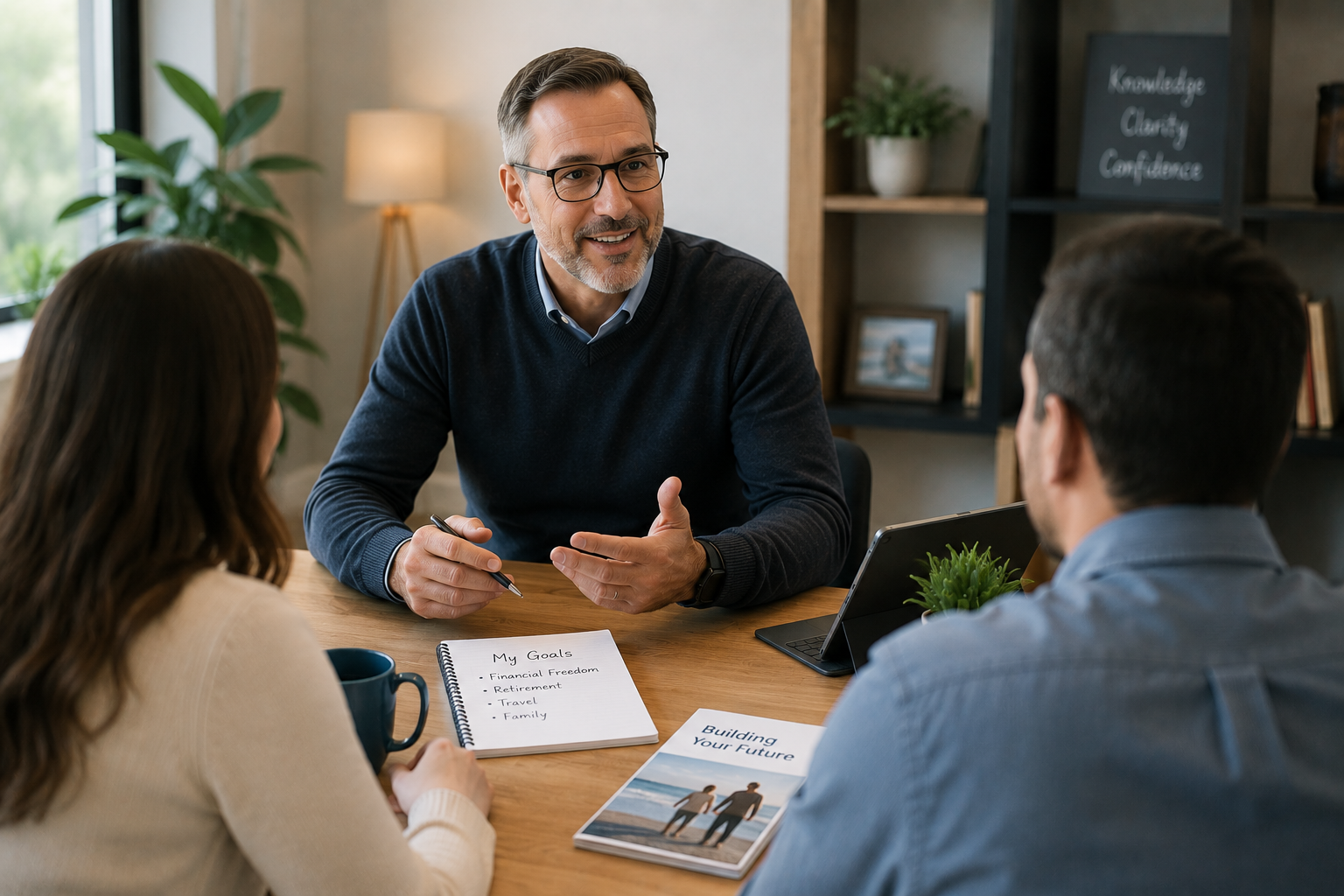 A financial planner talking to two people at a desk